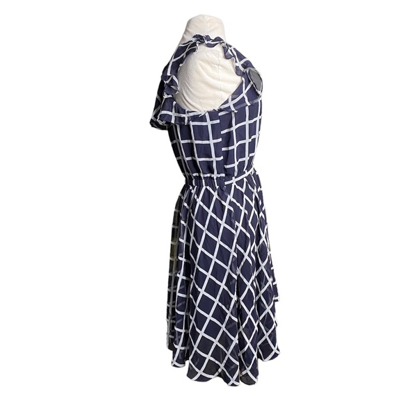 Esley navy blue,white DRESS M pane ruffle sleeveless, gathered waist, side zip - Picture 2 of 8